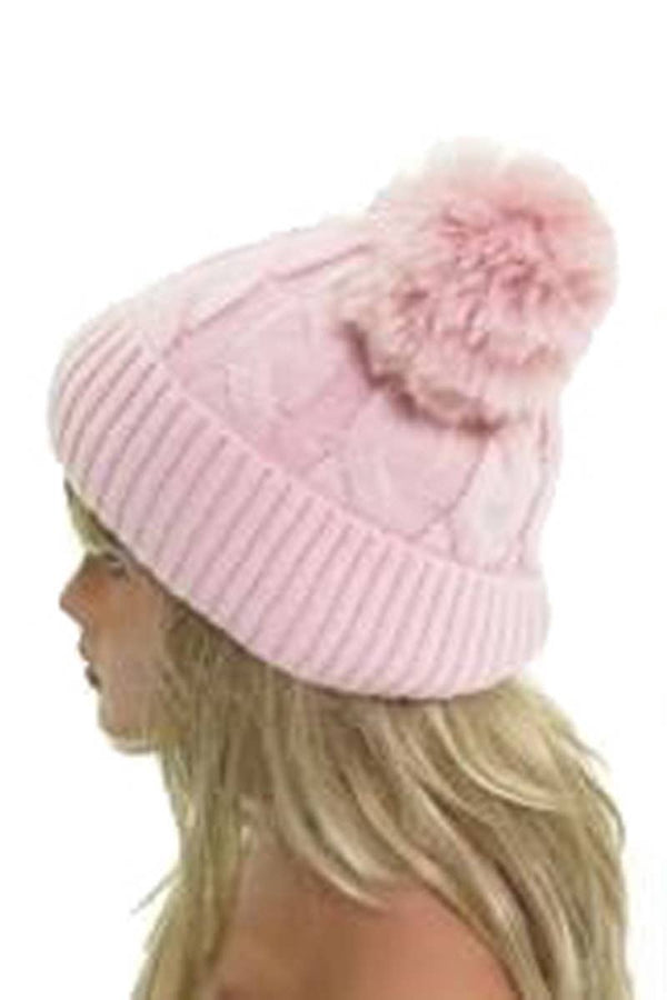 Double Pom Cable Knitted Fleece Lined Beanie