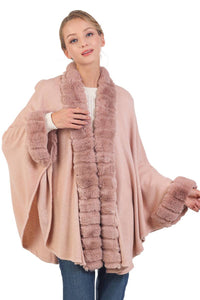 Bubble Faux Fur Trim Slit-Sided Shawl Cape Poncho