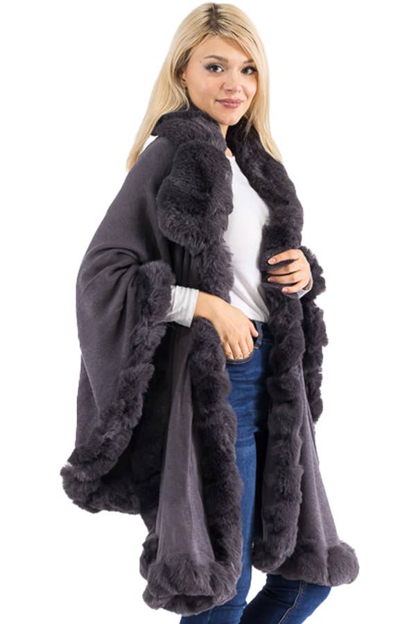 Ruffle Twisted Bubble Teddy Faux Fur Lined Open Ruana Poncho