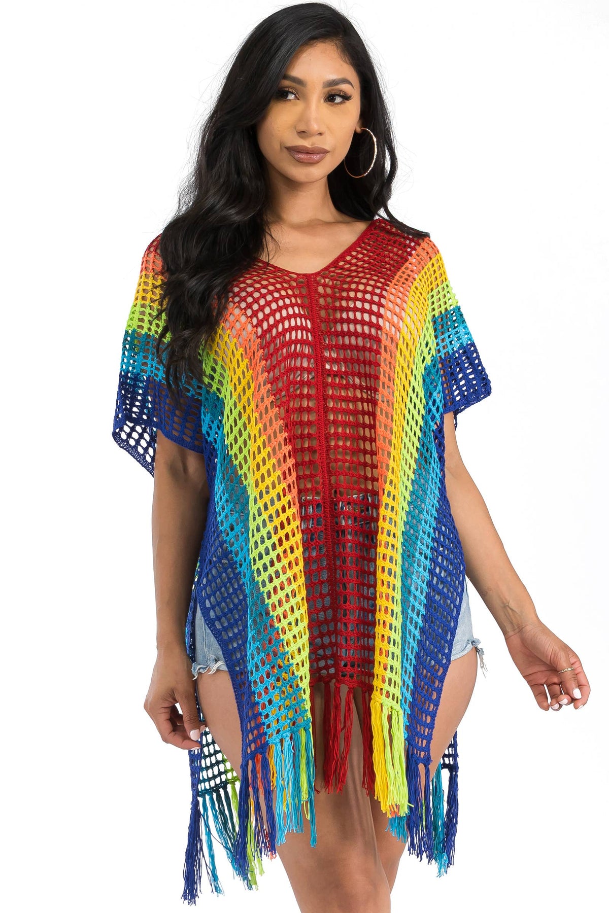 Rainbow Crochet Cage Knitted Kimono