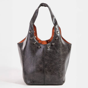 Weathered Leather And Studs Bucket Bag