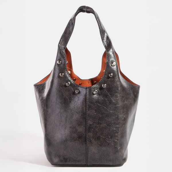 Weathered Leather And Studs Bucket Bag
