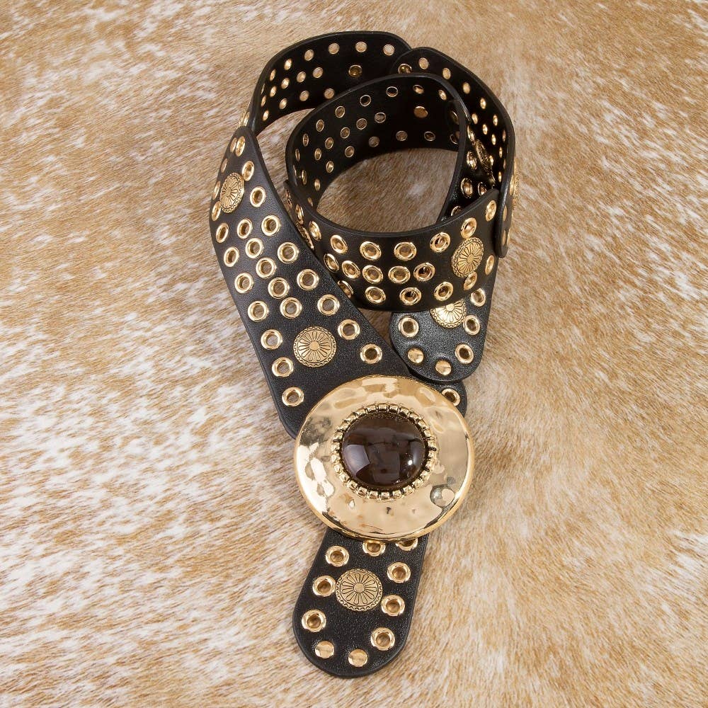 Hammered Circle Buckle Studded Vegan Leather Belt