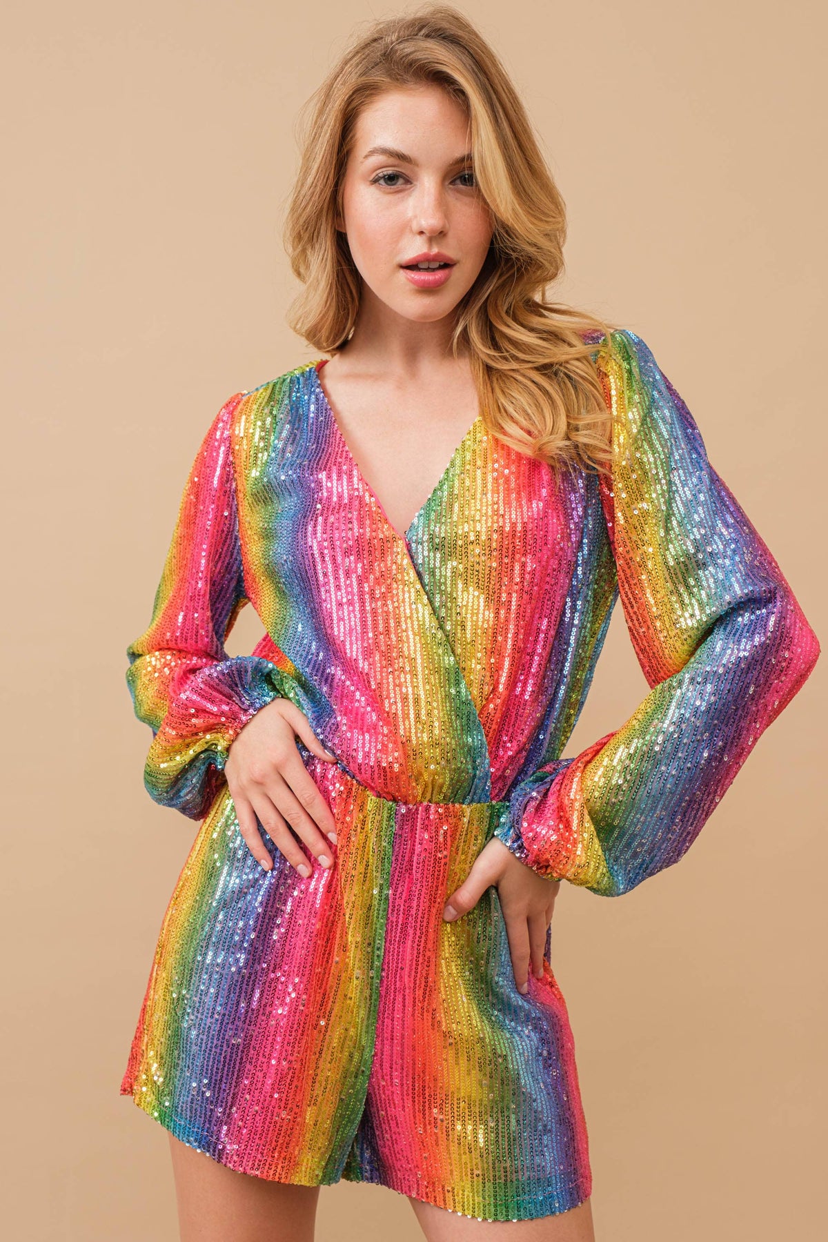 Sequin Wrap Long Rainbow Romper