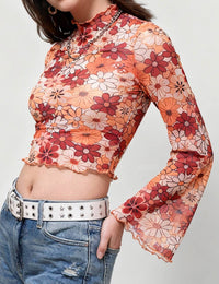 Ladies Print Flare Sleeves Mesh Top