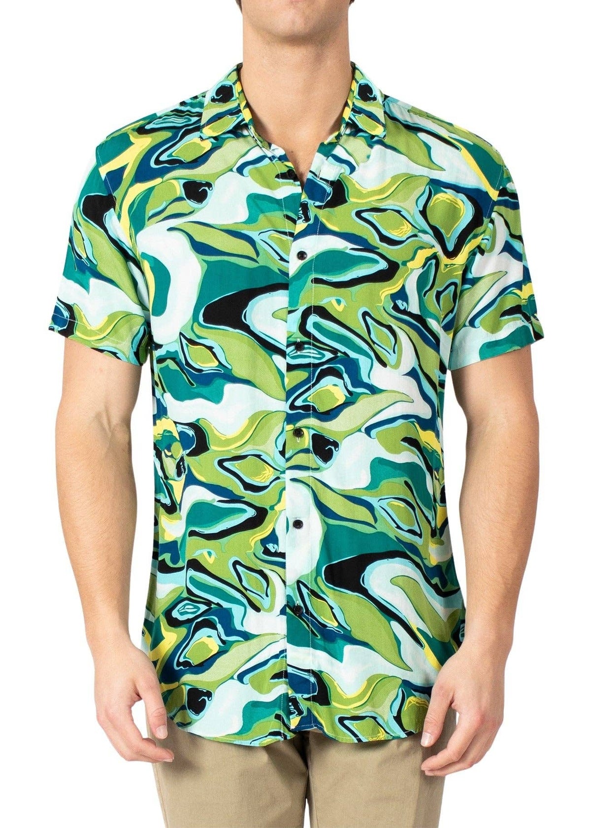 Mens Green Button Up Short Sleeve Dress Shirt