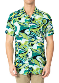 Mens Green Button Up Short Sleeve Dress Shirt