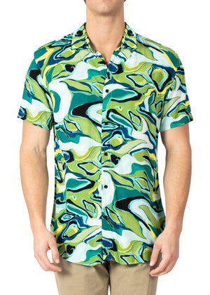 Mens Green Button Up Short Sleeve Dress Shirt
