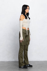 Cargo stretch twill bootcut pants w/ zipper detail