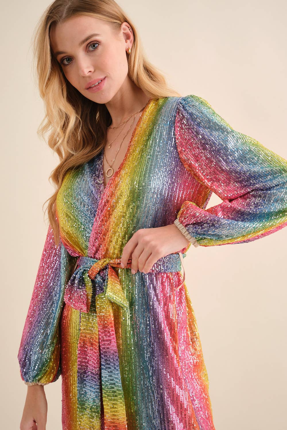 Rainbow Sequin Wrap Tie Glamour Dress