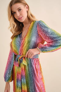 Rainbow Sequin Wrap Tie Glamour Dress