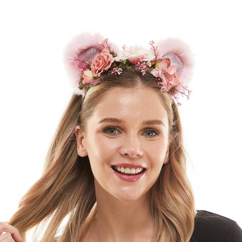 Pink Bear Floral Headband