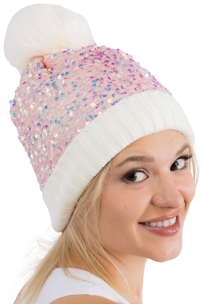 Bedazzled Metallic Sequins Knitted Pom Pom Beanie