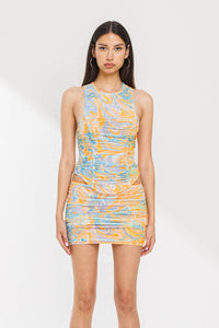Swirl ruched tank mesh top or low rise mini skirt