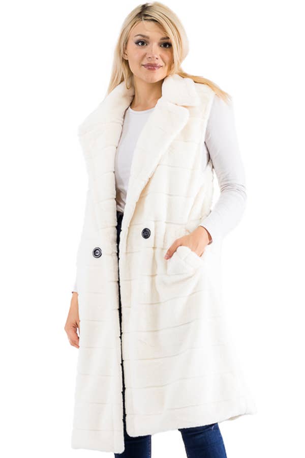 Quilted Fluffy Faux Fur Pocketed Midi-Length Vest