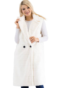 Quilted Fluffy Faux Fur Pocketed Midi-Length Vest