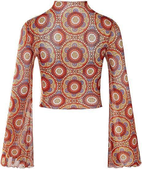 Ladies Print Flare Sleeves Mesh Top