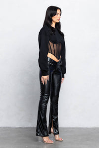 V-cut Faux leather boot-cut pants