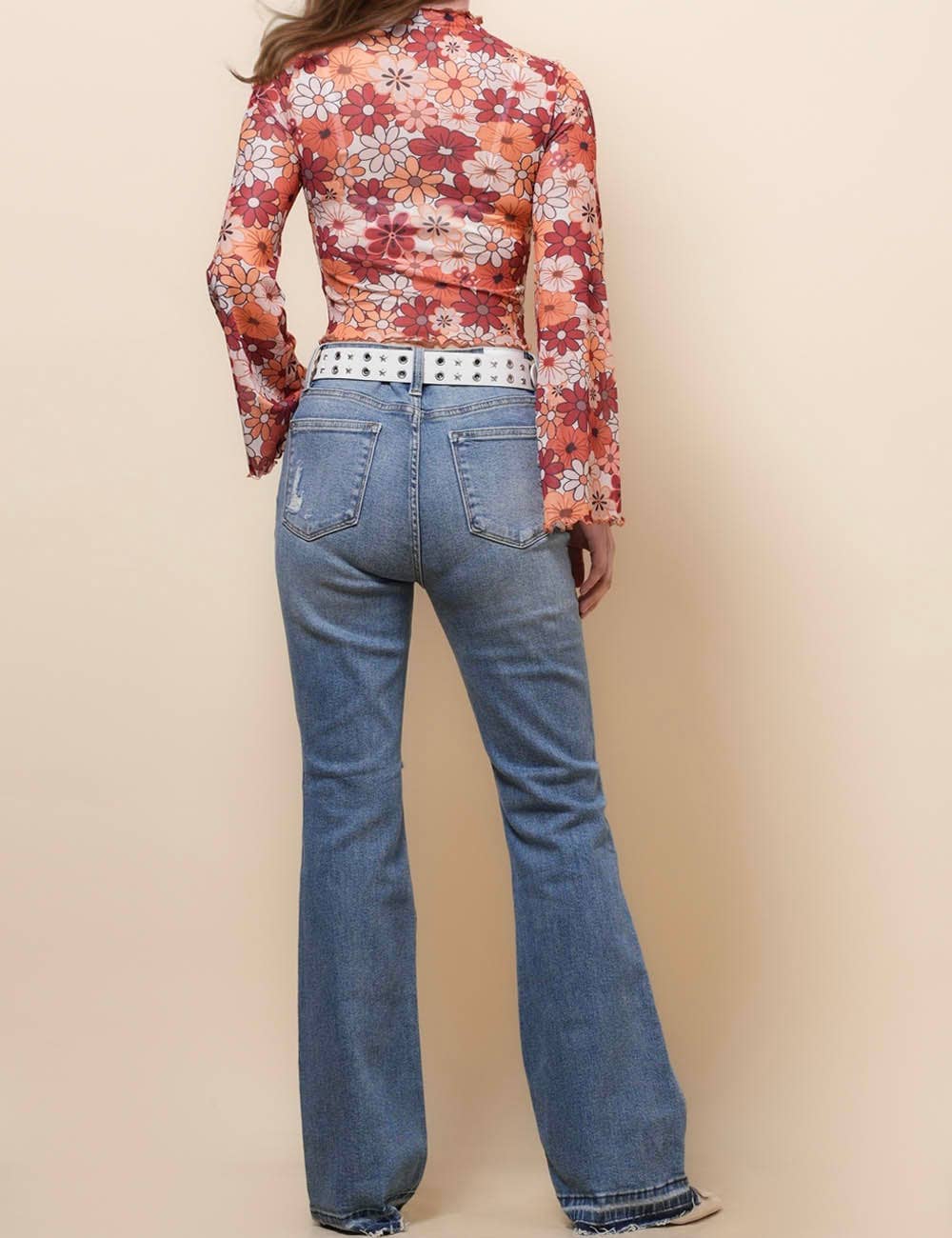 Ladies Print Flare Sleeves Mesh Top
