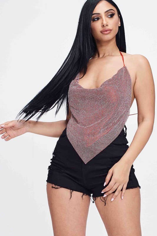 Metallic Rhinestone Backless Cowl Neck Crop Top