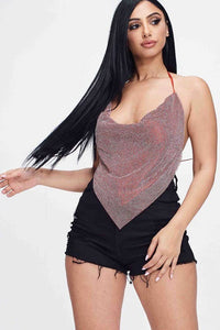 Metallic Rhinestone Backless Cowl Neck Crop Top