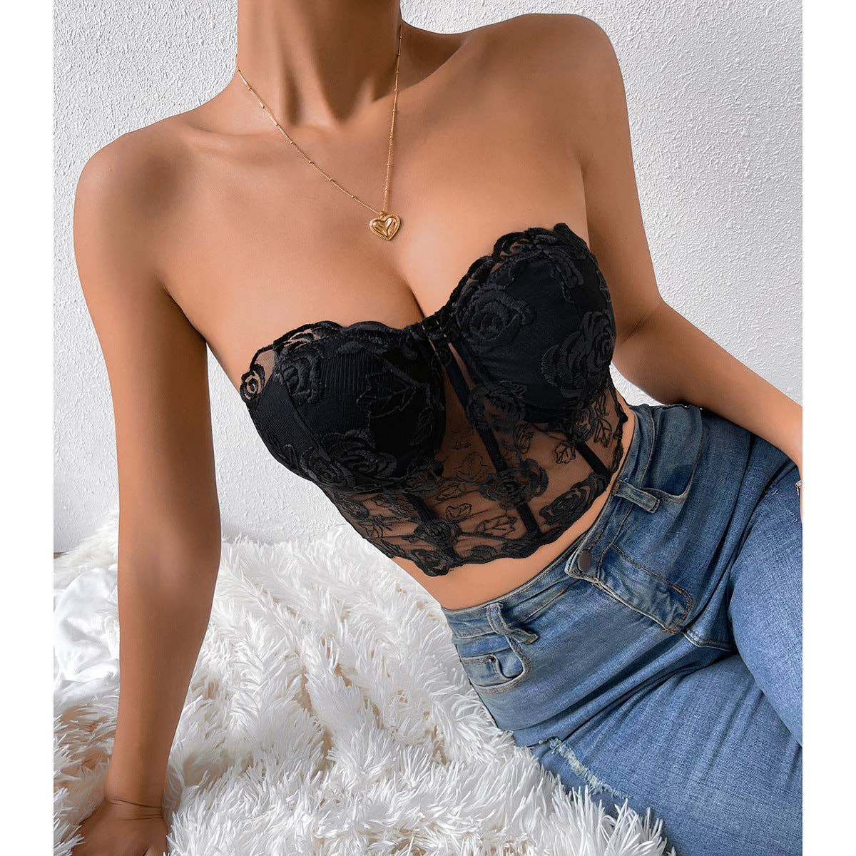 Rose Lace Strapless Bustier