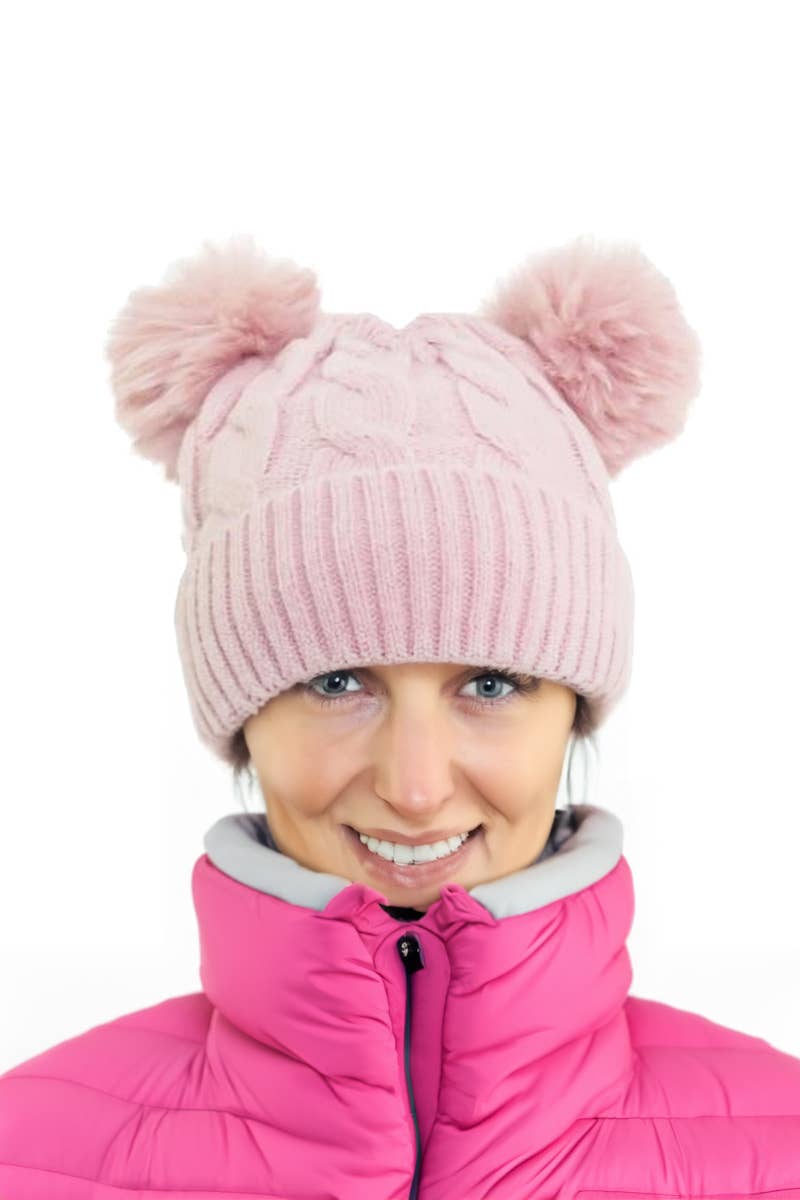Double Pom Cable Knitted Fleece Lined Beanie