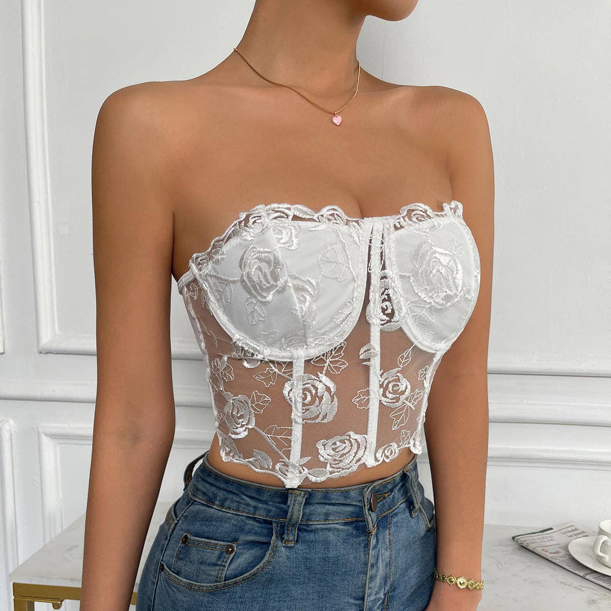 Rose Lace Strapless Bustier