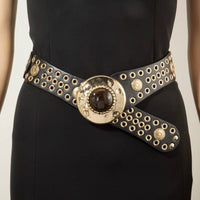 Hammered Circle Buckle Studded Vegan Leather Belt