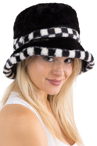 Black White Checkered Fluffy Faux Fur Bucket Hat