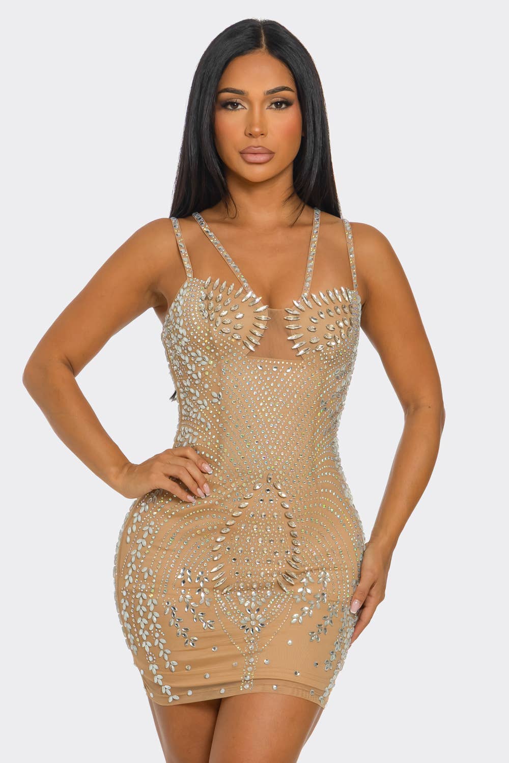 DOUBLE-STRAP CORSET RHINESTONE MINI DRESS