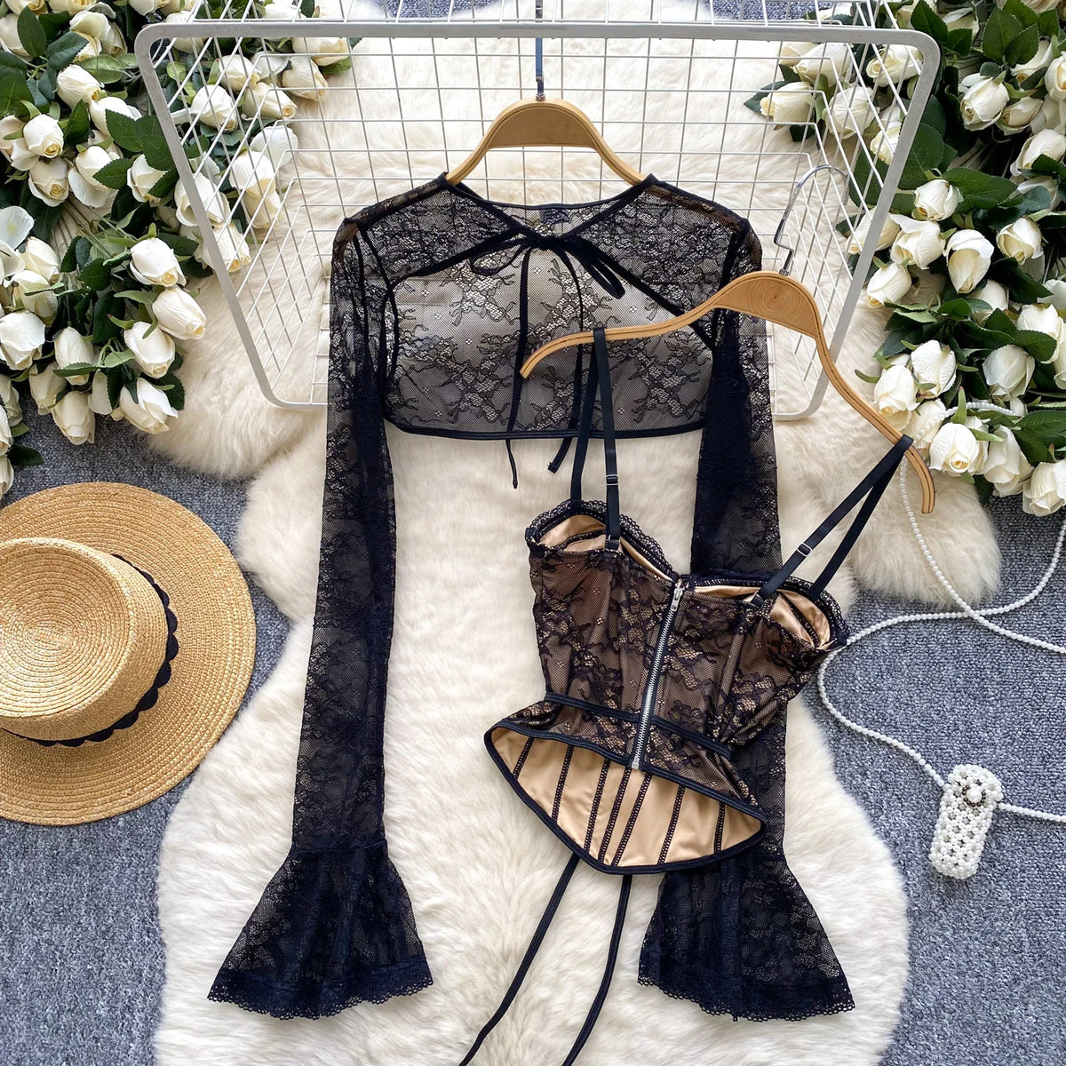 Black Lace Sleeves and Bustier Top