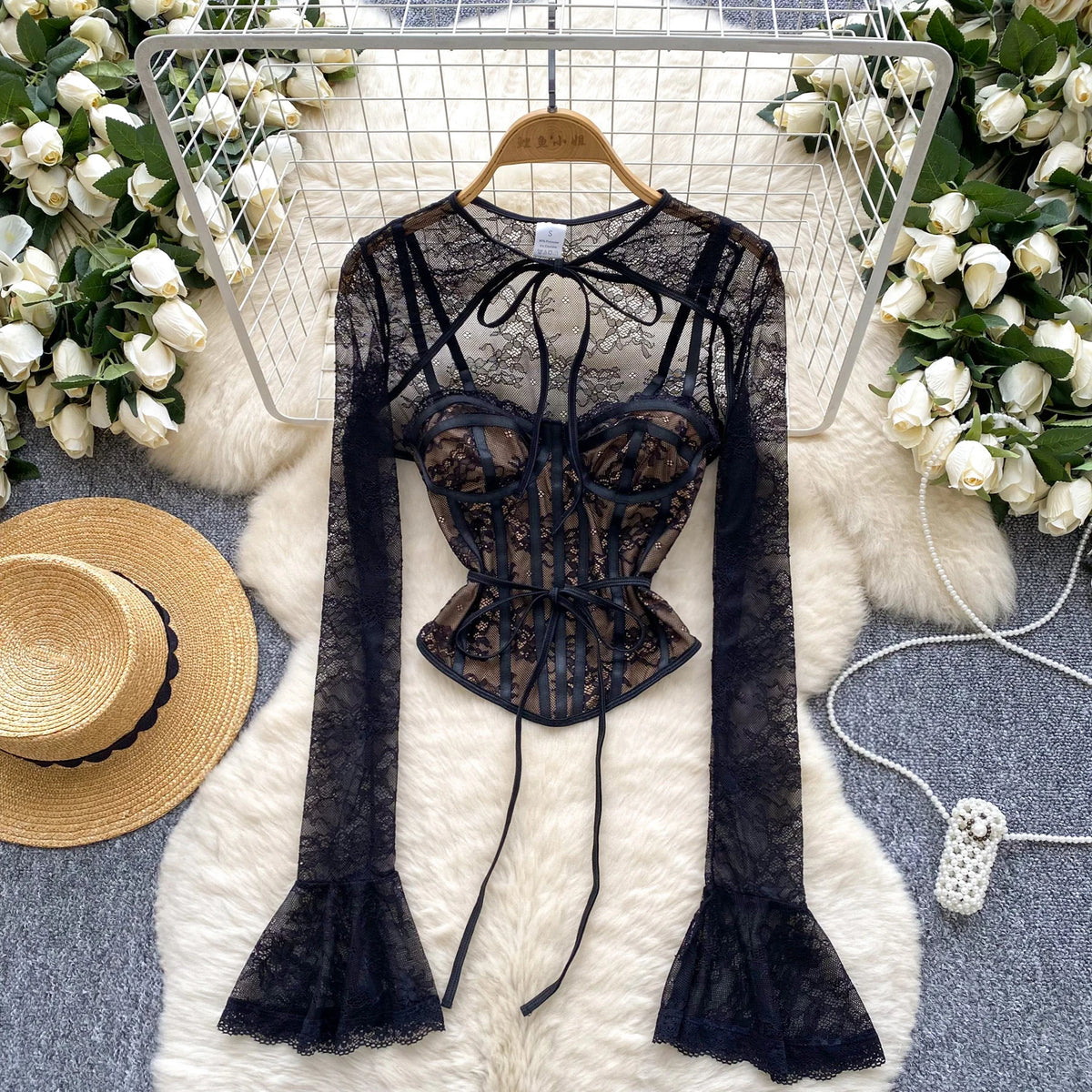 Black Lace Sleeves and Bustier Top