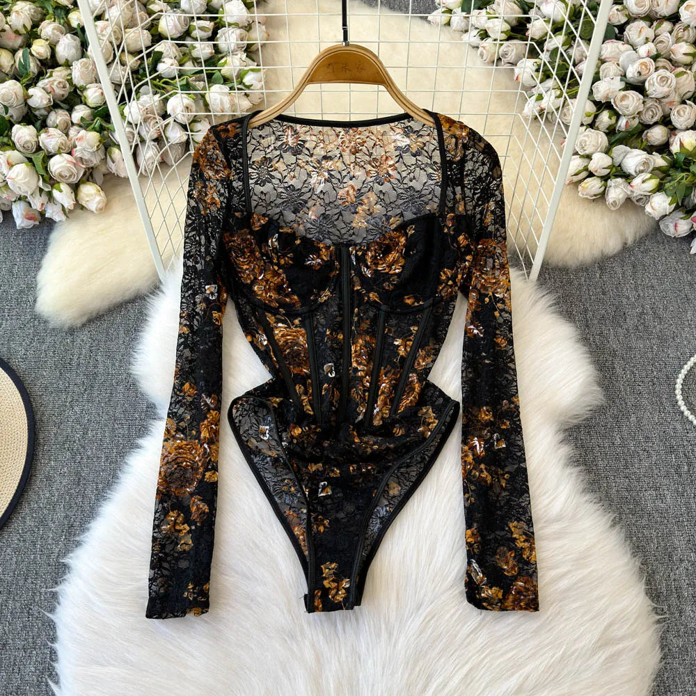 Lace Leaves Bustier Bodysuit
