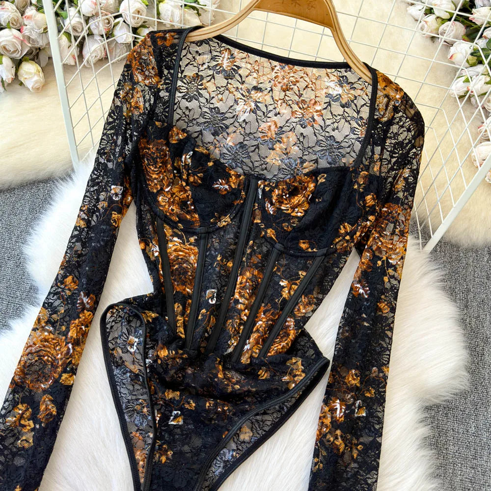 Lace Leaves Bustier Bodysuit