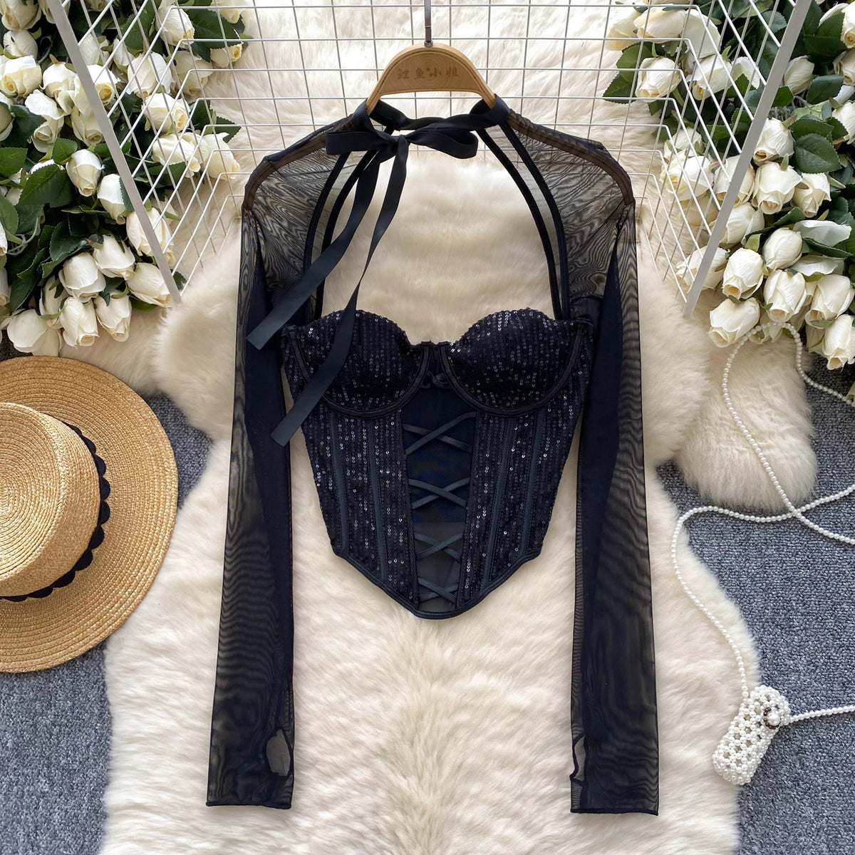 Long Sleeve Sparkle Bustier Top