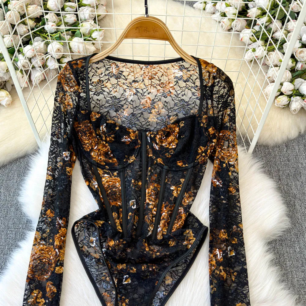 Lace Leaves Bustier Bodysuit