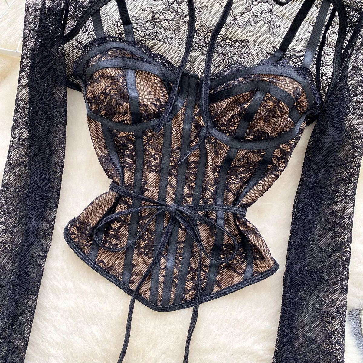 Black Lace Sleeves and Bustier Top
