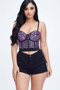Rainbow Stones Pattern Crop Bustier Top