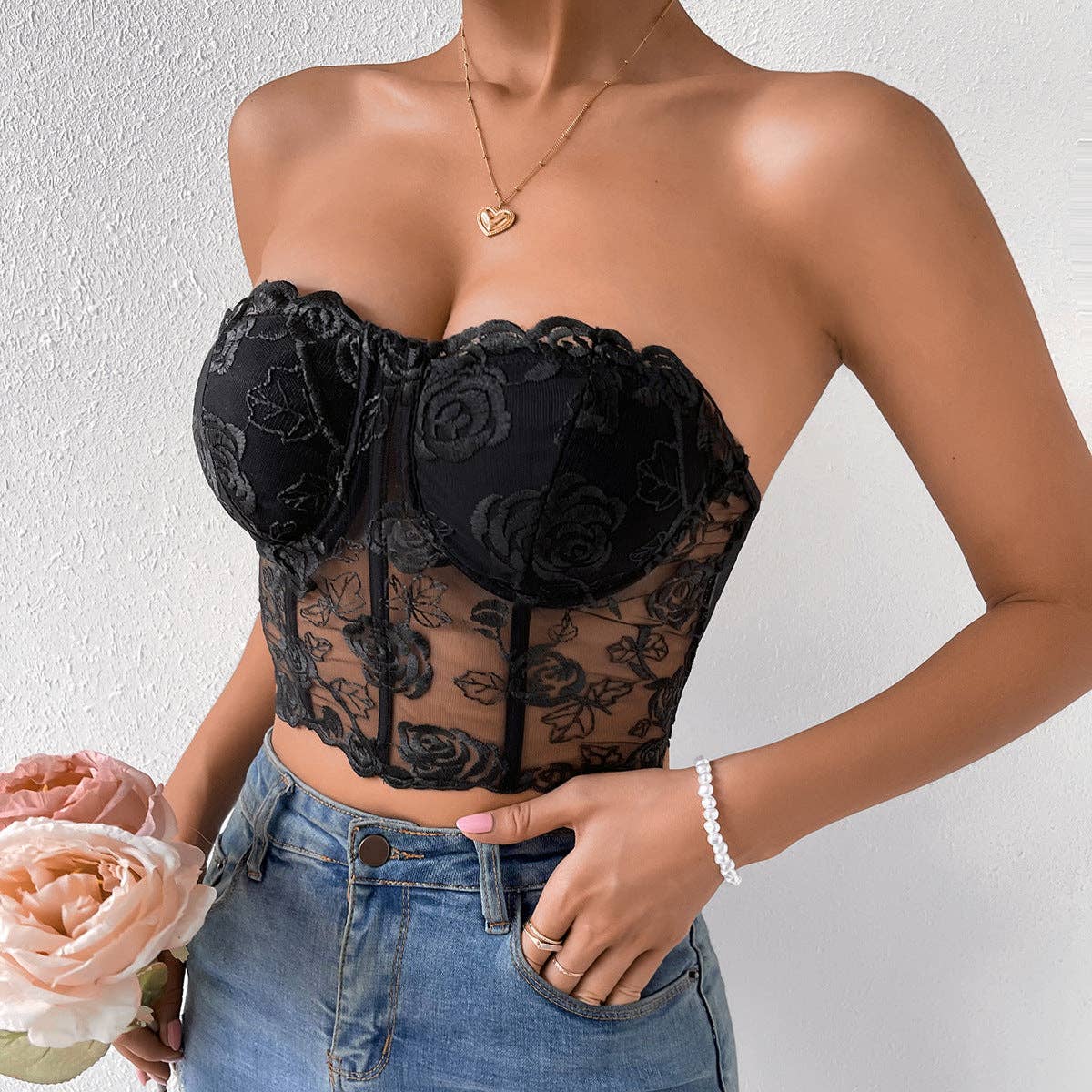 Rose Lace Strapless Bustier