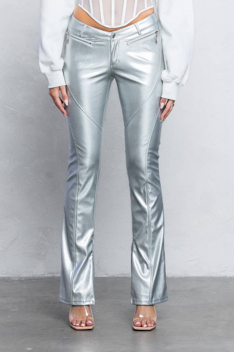 V-cut Faux leather boot-cut pants