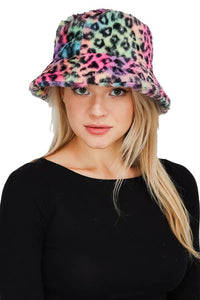 Tie Dye Leopard Patterned Faux Fur Bucket Hat