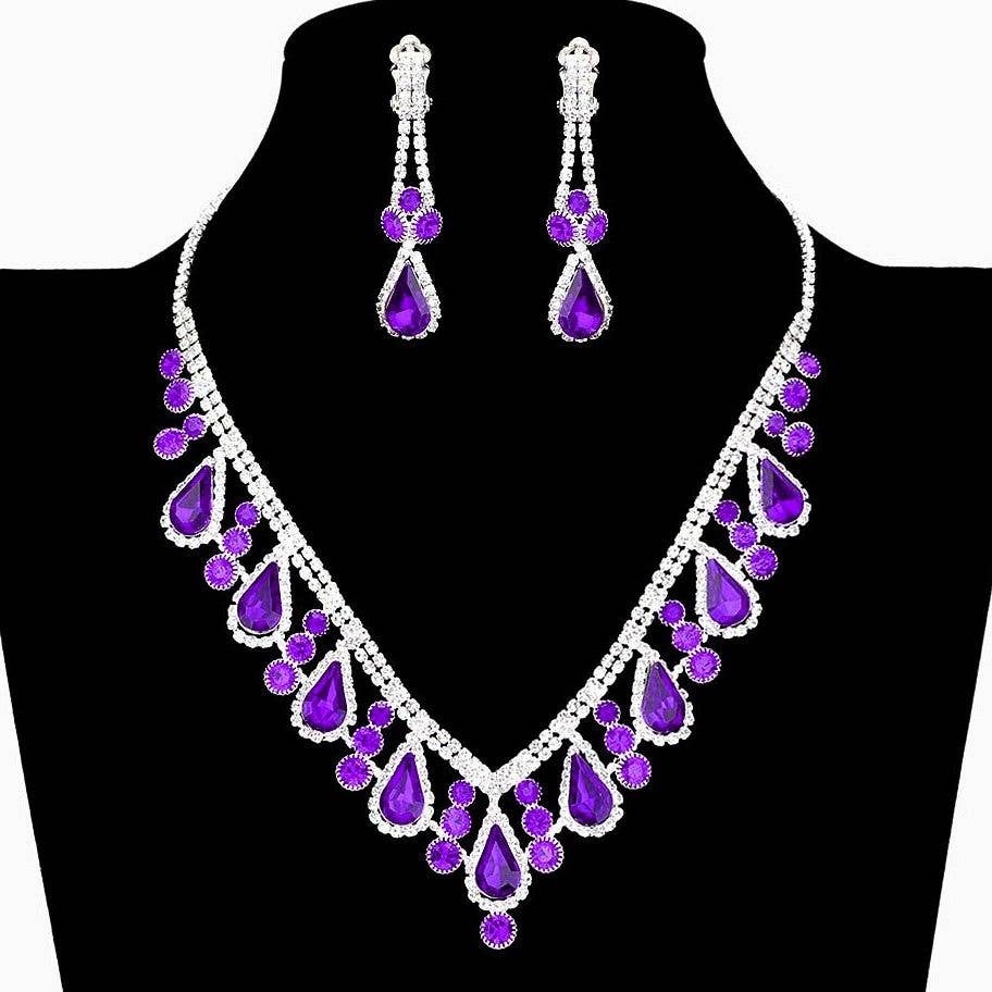 V Shape Elegant Rhinestone Necklace Set Clipon Earrings
