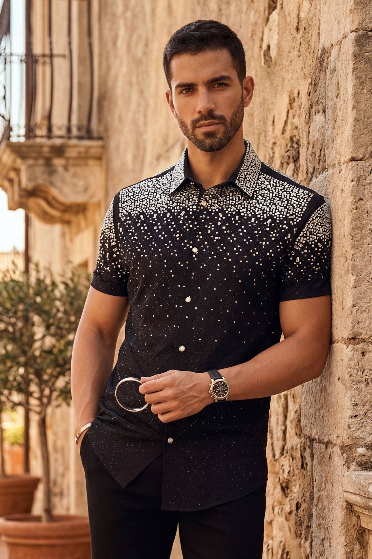 Men's Rhinestone Stretch Short Sleeve Shirt