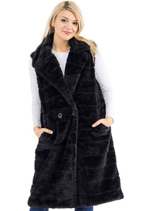 Quilted Fluffy Faux Fur Pocketed Midi-Length Vest