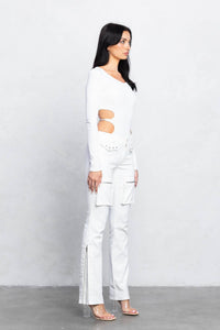 Cargo stretch twill bootcut pants w/ zipper detail