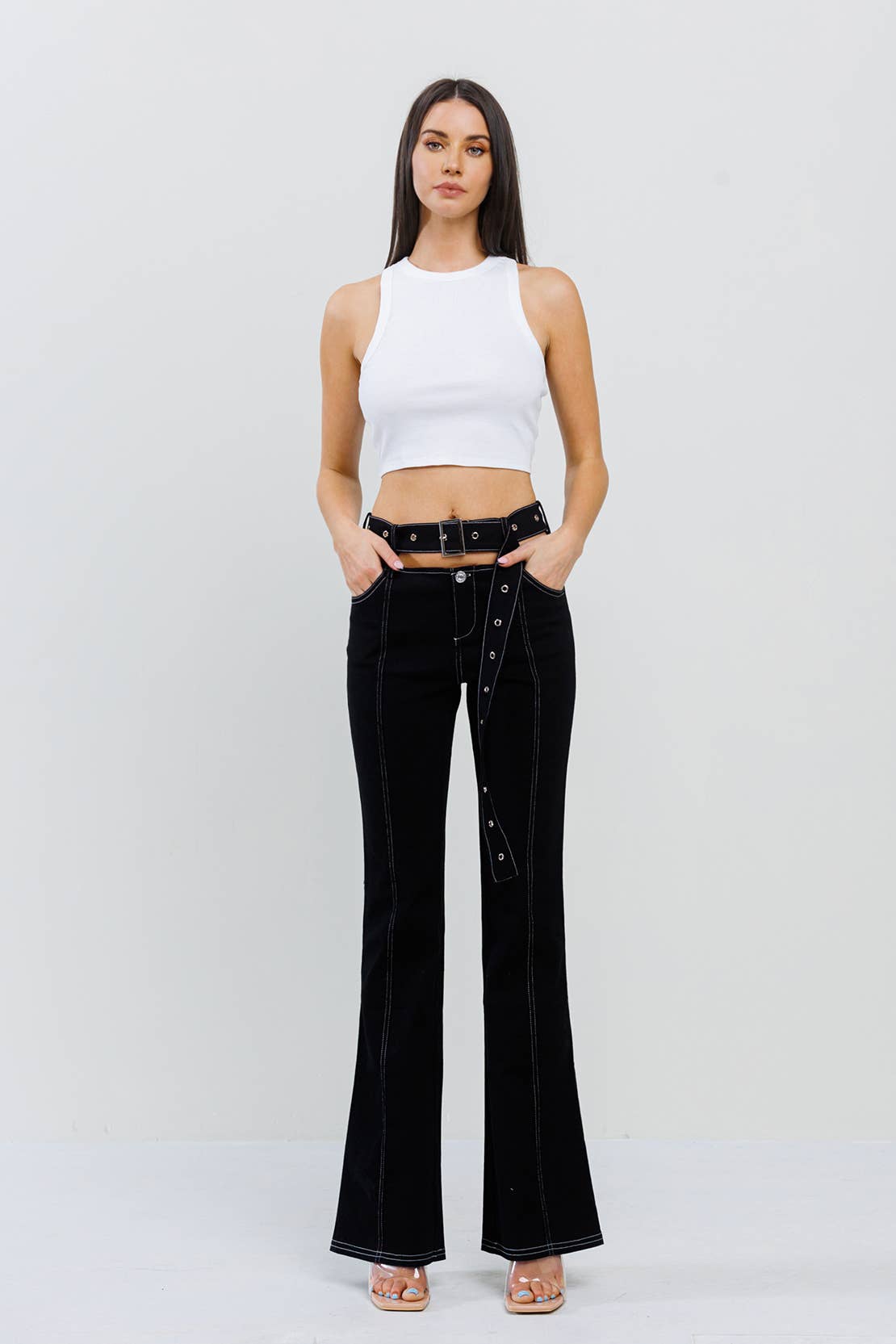Cutout featured stitch belted on bell bottom pants