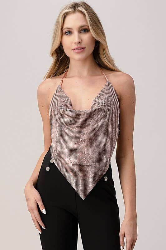Metallic Rhinestone Backless Cowl Neck Crop Top