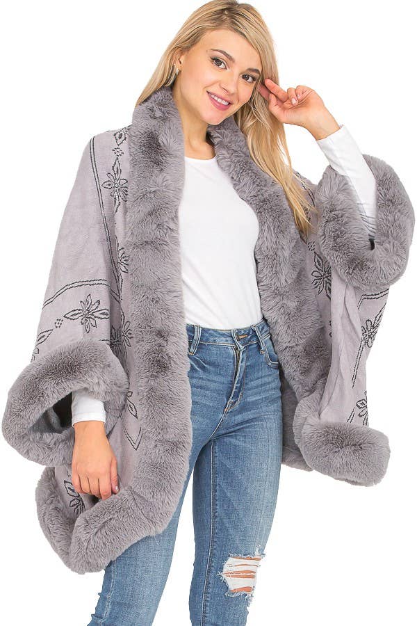 Lily Floral Print Faux Fur Lined Open Silhouette Shawl Cape