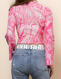 Ladies Print Flare Sleeves Mesh Top
